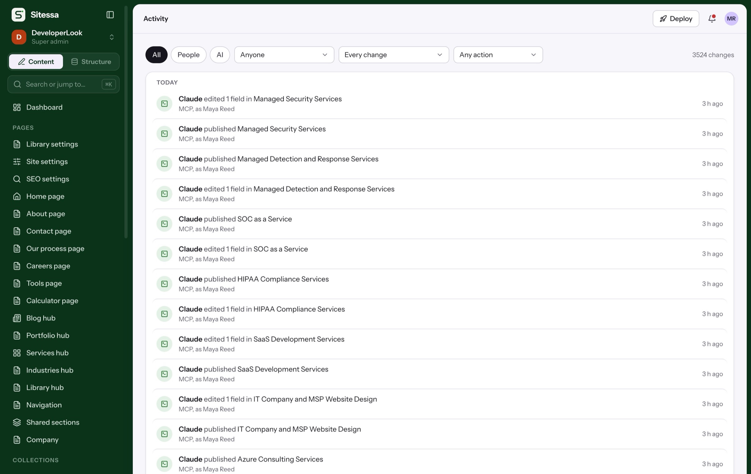 The activity log listing every change by people and AI apps