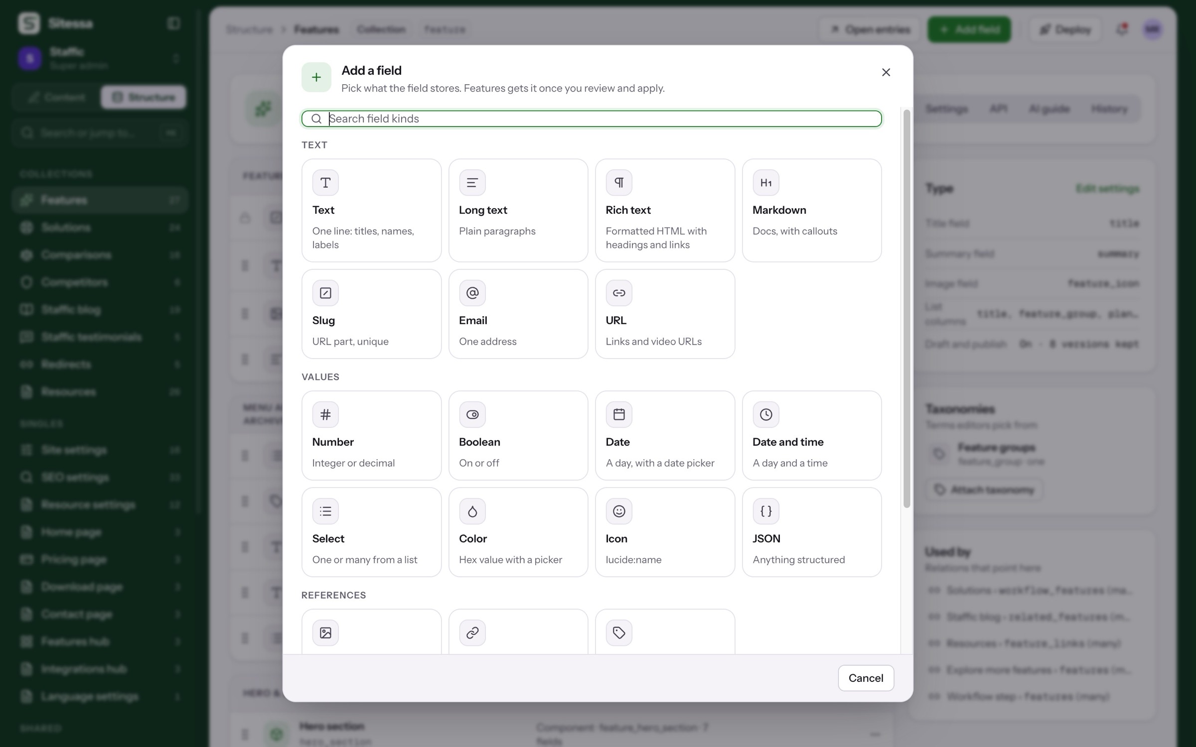 Add a field: Pick a field kind