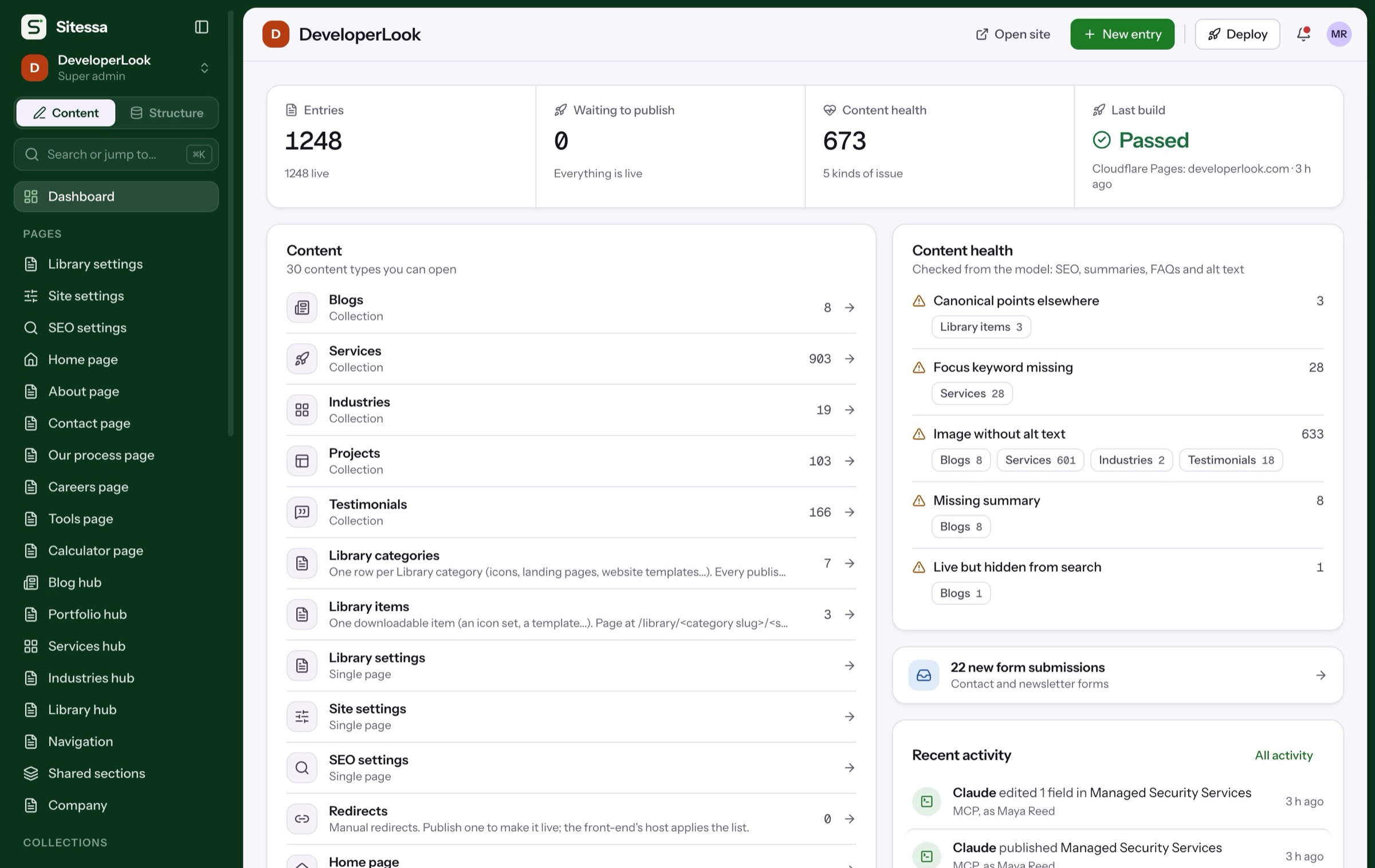 The DeveloperLook dashboard in Sitessa: 1,248 entries and a passed build