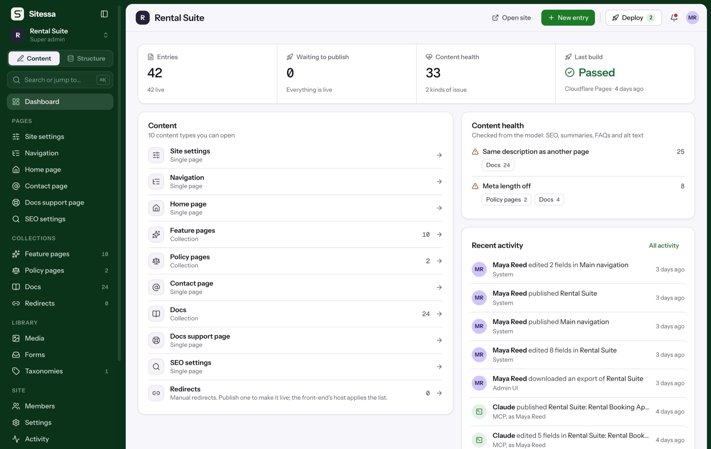 The Rental Suite dashboard in Sitessa