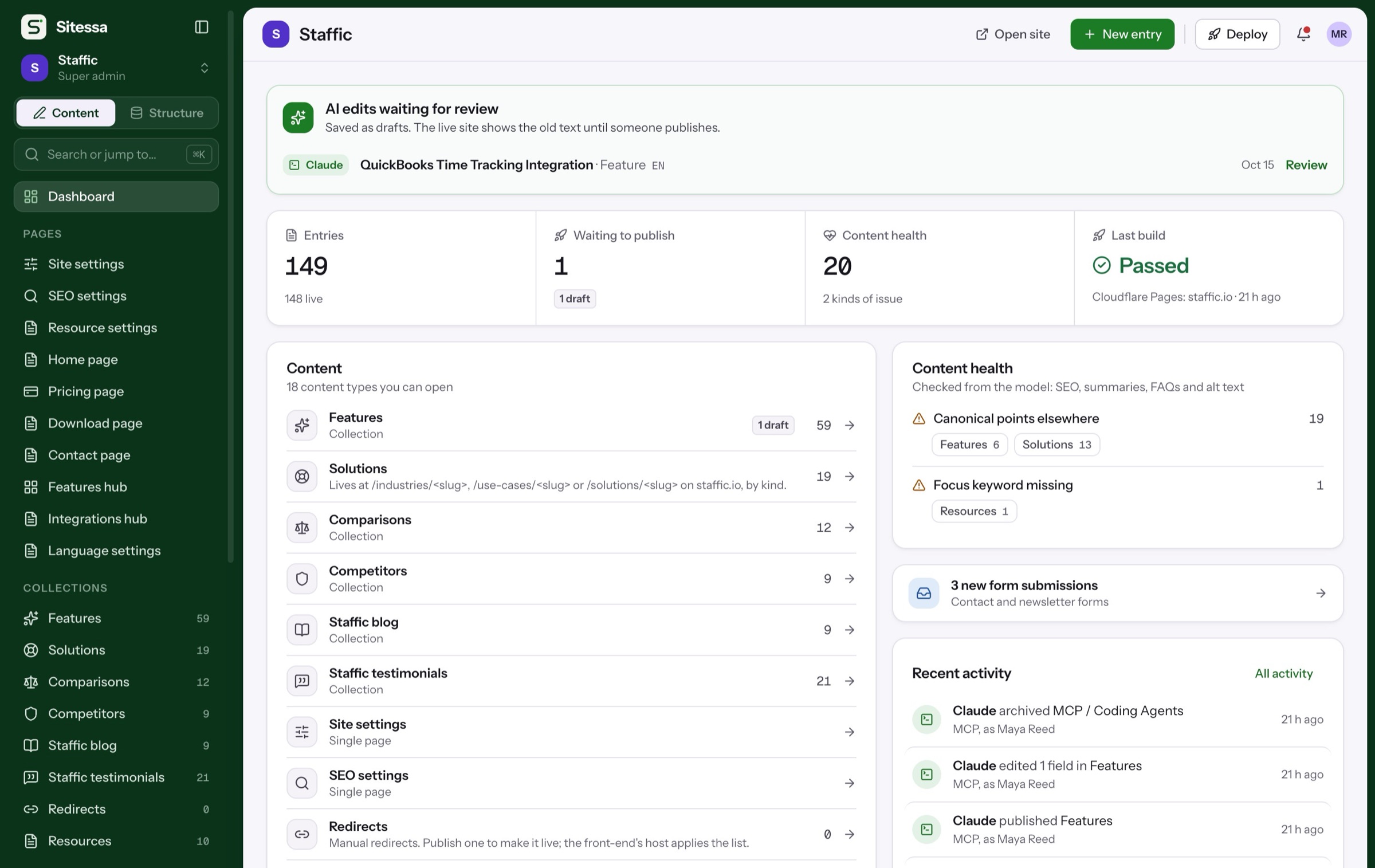 The Staffic dashboard in Sitessa with an AI edit waiting for review