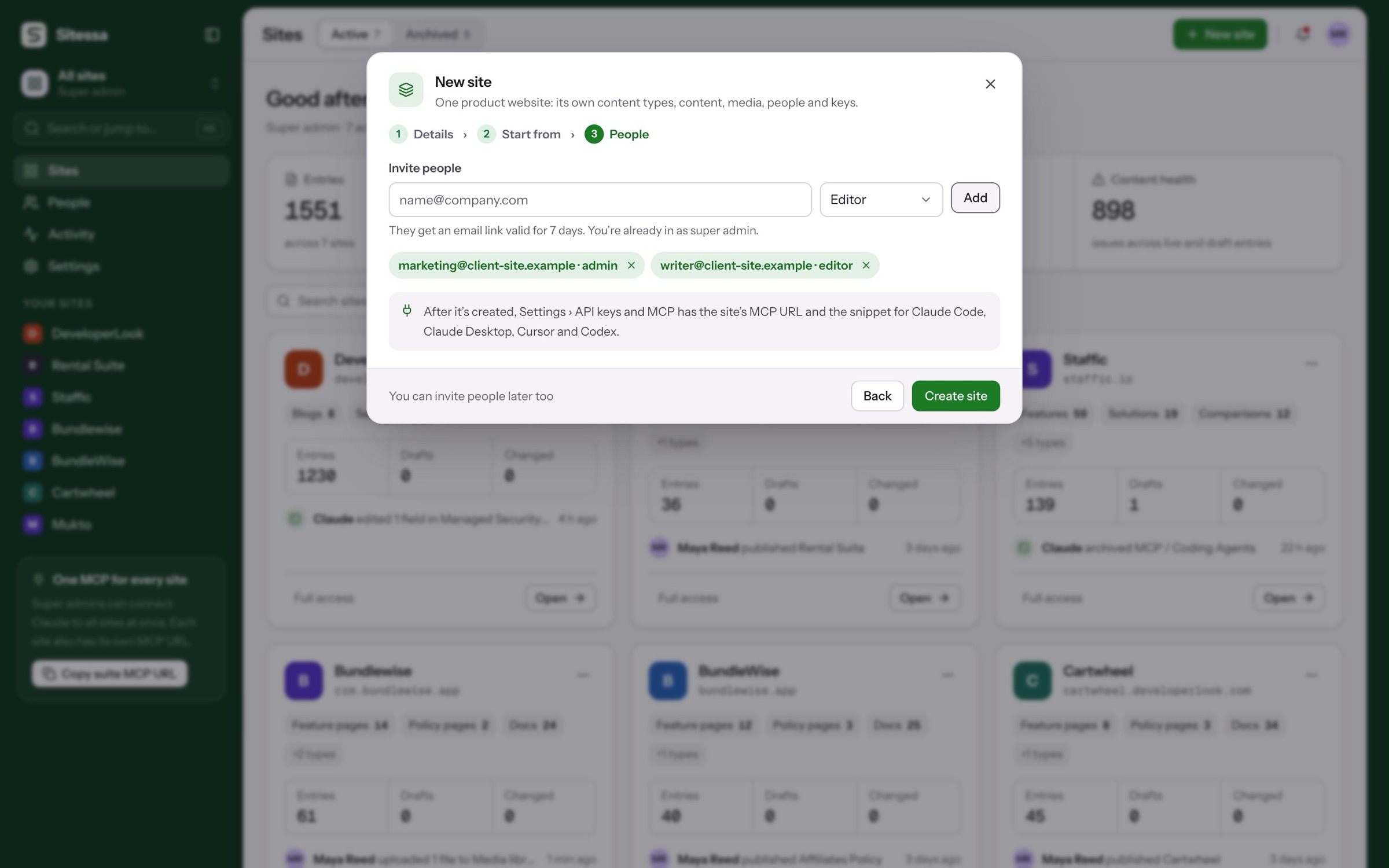 New site: invite people with roles